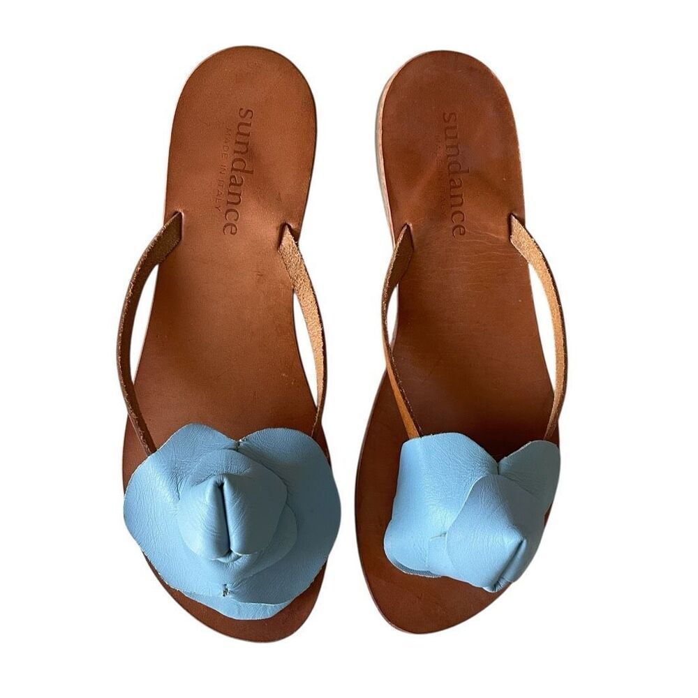 Sundance Blue Leather Flower Sandals Women’s Size 6, Italy Sz 36 Flip Flops